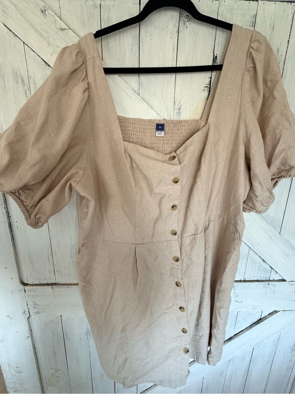 Old Navy Beige Button-Front Puff Sleeve Dress with pockets